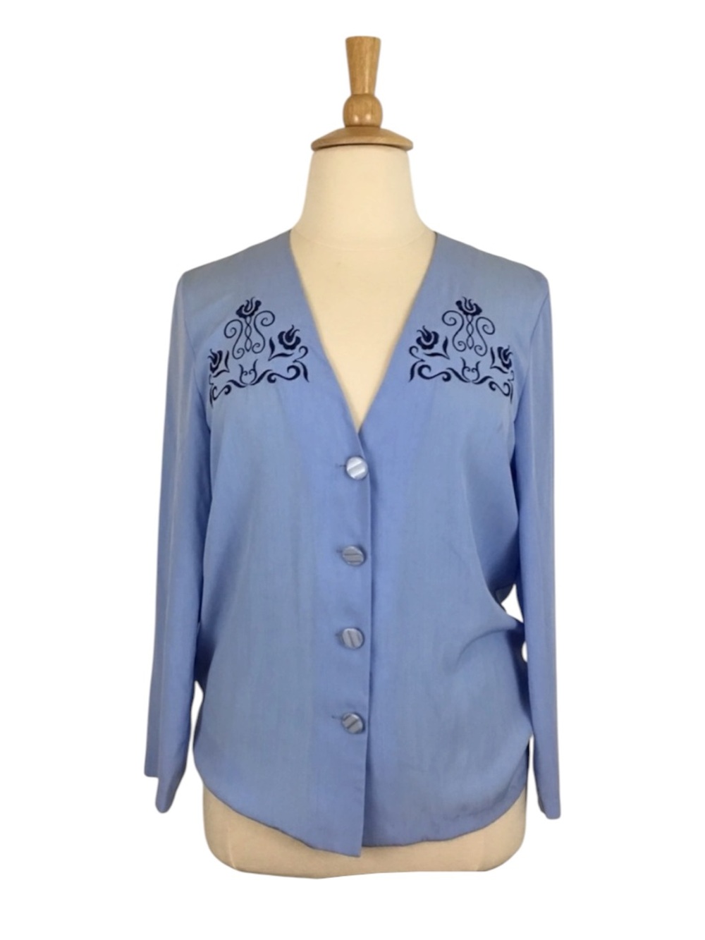 Vintage 90s Blouse XL Blue Embroidered V-Neck Long Sleeve Boho Chic Casual